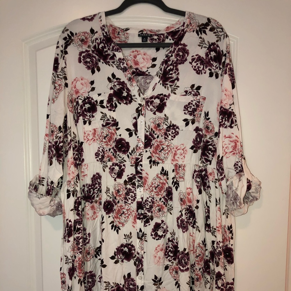 Torrid Pink and Purple Floral Button shirt dress